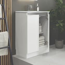 Newland 600mm Slimline Floorstanding Double Door Basin Unit With Ceramic Basin White Gloss