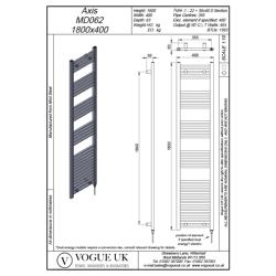 Vogue Axis 1800 x 400mm Straight Ladder Towel Rail Heating Only Chrome 1583BTU MD062 MS18040CP