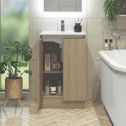 Newland 500mm Floorstanding Double Door Basin Unit With Ceramic Basin Natural Oak