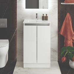 Newland 500mm Slimline Floorstanding Double Door Basin Unit With Ceramic Basin White Gloss