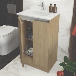 Newland 500mm Slimline Floorstanding Double Door Basin Unit With Ceramic Basin Natural Oak